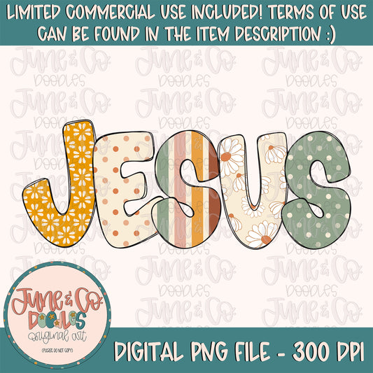 Boho Jesus PNG| Bohemian Faith Sublimation File| Christian Shirt Design| Hand Drawn Printable Art| Block Lettering| Instant Download