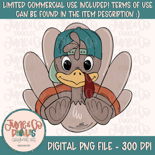 Boy Turkey PNG| Cool Turkey In Hat Sublimation File| Boys Thanksgiving Shirt Design| Hand Drawn Printable Art| Instant Download