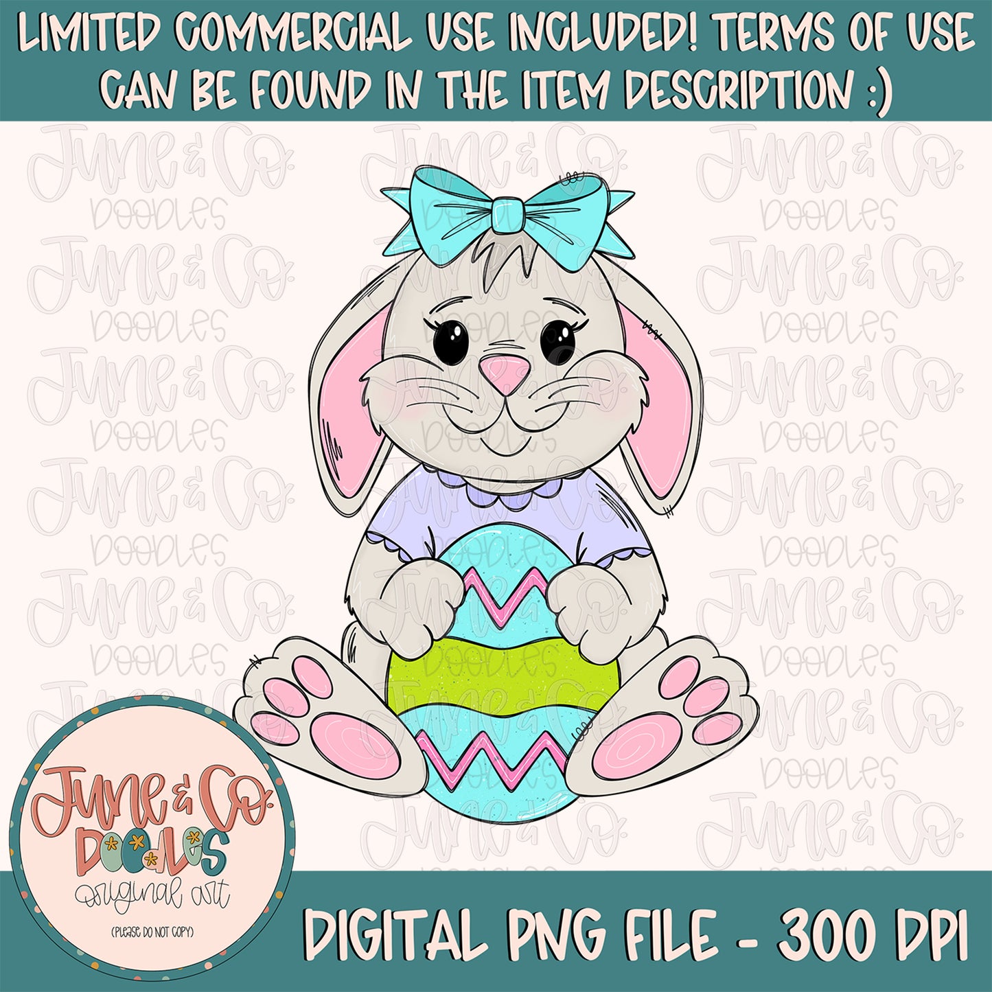 Girl Bunny PNG| Cool Easter Bunny In Bow Sublimation File| Girl's Spring Shirt Design| Hand Sketched Printable Art| Instant Download