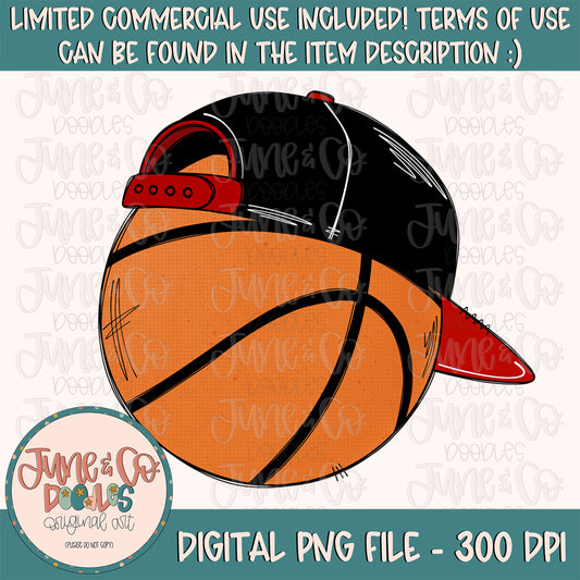 Cool Basketball Red & Black PNG| Basketball With Hat Sublimation File|Boys Bball Shirt Design| Hand Sketched Printable Art| Instant Download