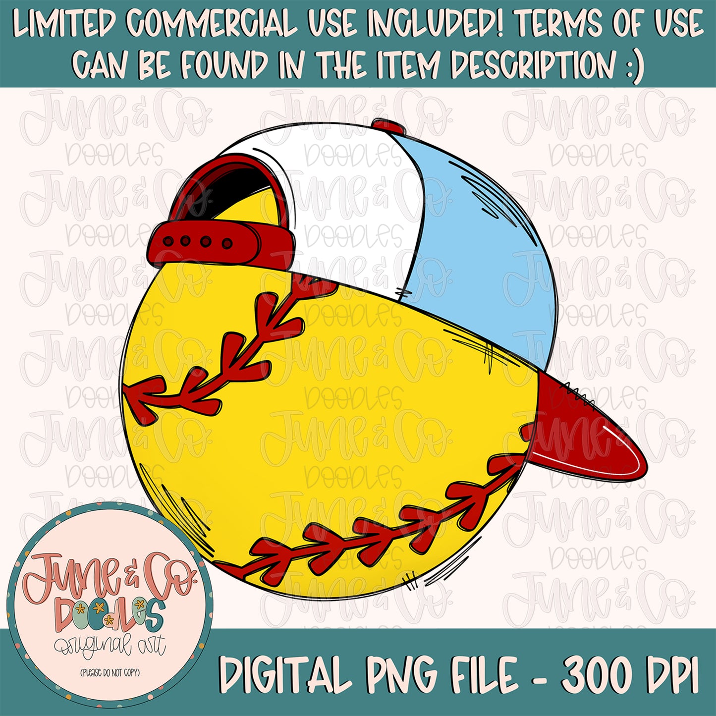 Cool Softball PNG| Softball With Hat Sublimation File| Ball Cap Softball Shirt Design| Hand Sketched Printable Art| Instant Download