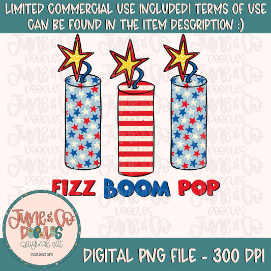 Fizz Boom Pop PNG| Firework Trio Sublimation File| Kids Patriotic Shirts Design| 4th of July Printable Art| Instant Download