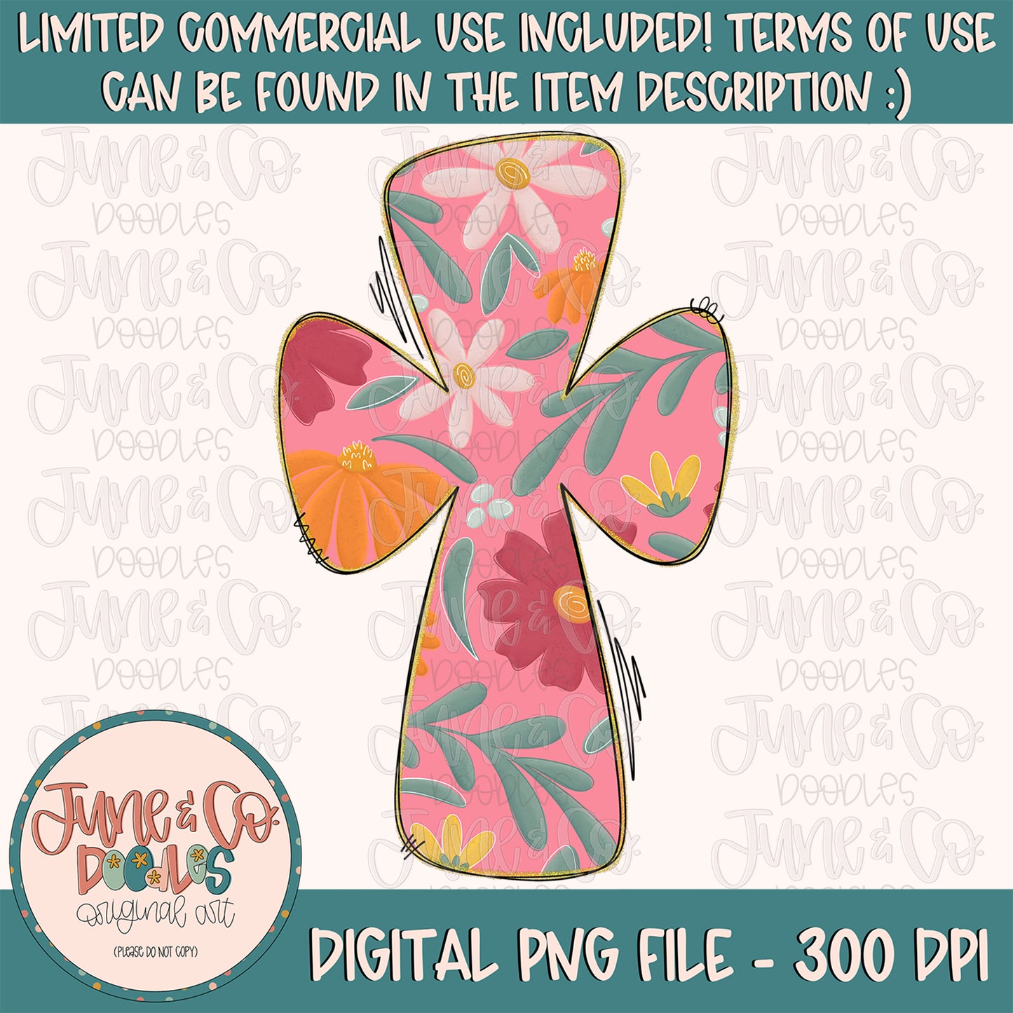 Floral Cross PNG| Christian Spring Sublimation File| Easter Faith Shirt Design| Hand Sketched Flowers| Printable Art| Instant Download