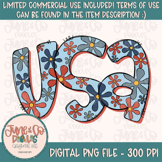 Sketchy Floral USA PNG| Floral United States Sublimation File| July 4th Shirt Design| Patriotic Printable Art| Instant Download