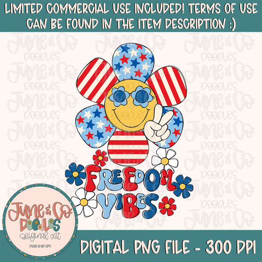 Freedom Vibes PNG| Patriotic Retro Daisy Happy Face Sublimation File| July 4th Shirt Design| Independence Day Printable| Instant Download