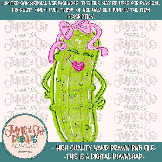 Girly Pickle Doodle PNG| Pickle With Bow Sublimation File| Girls Festival Shirt Design| Hand Drawn Art| Hand Lettering| Digital Download