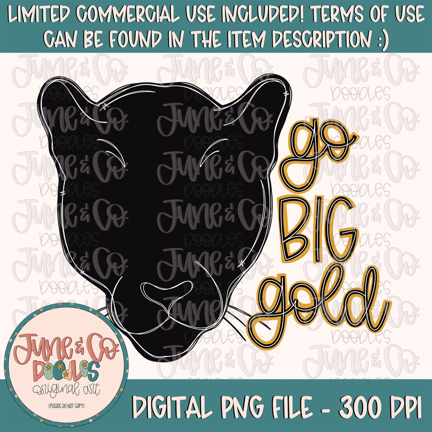 Go Big Gold PNG| Panthers Mascot Sublimation File| Sports Shirt Design| Hand Lettered Printable Art| Digital Download