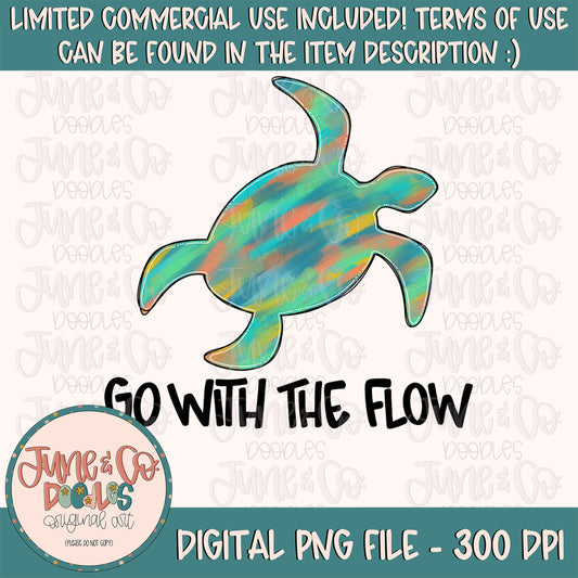 Go With The Flow PNG| Colorful Painted Sea Turtle Sublimation File| Kids Beach Shirt Design| Tropical Printable Art| Instant Download