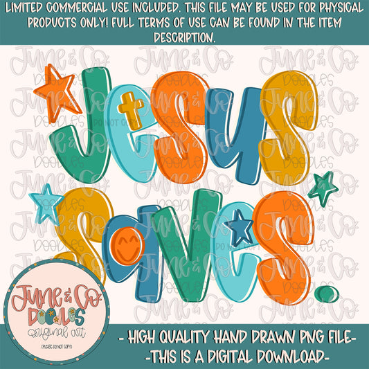 Colorful text graphic with 'Jesus Saves' and decorative stars on a white background, featuring the brand 'June & Co.'