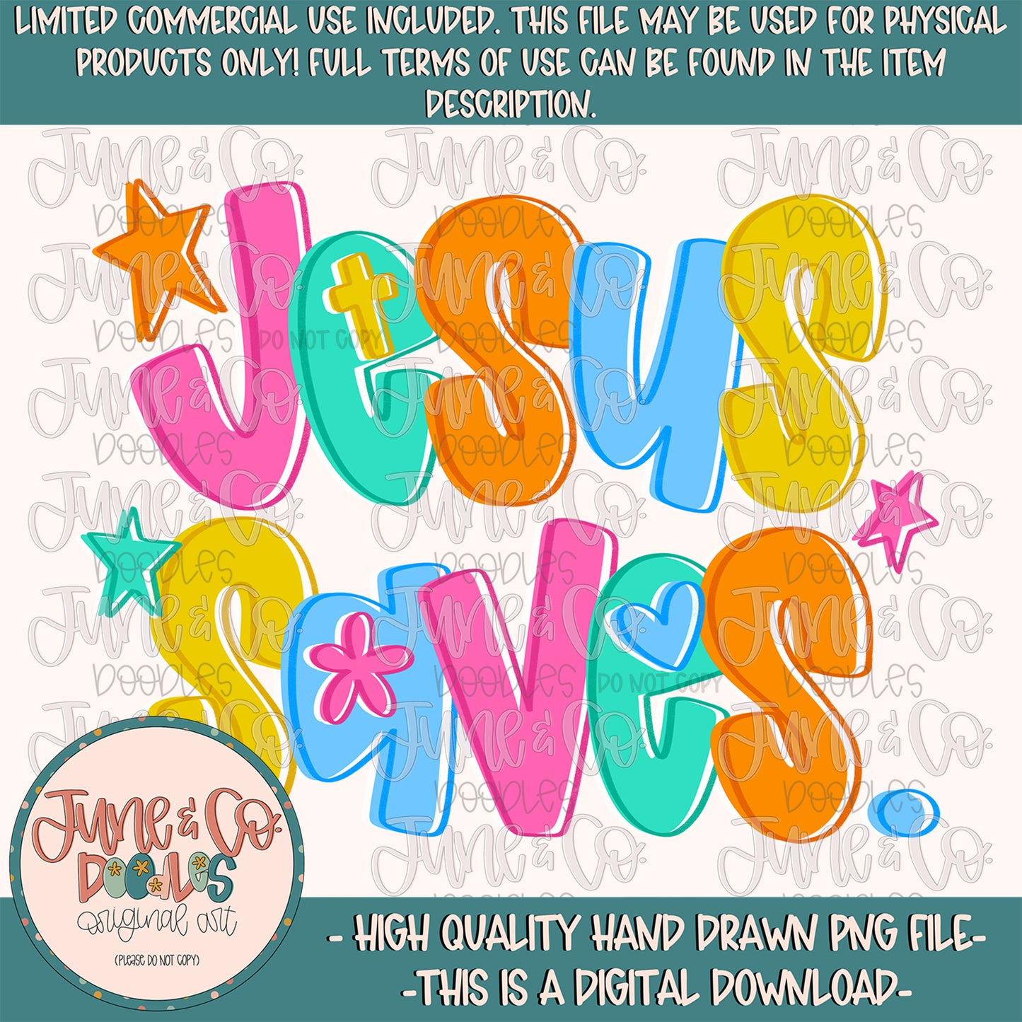 Colorful text 'Jesus Saves' with stars and hearts on a white background, featuring June & Co. branding.