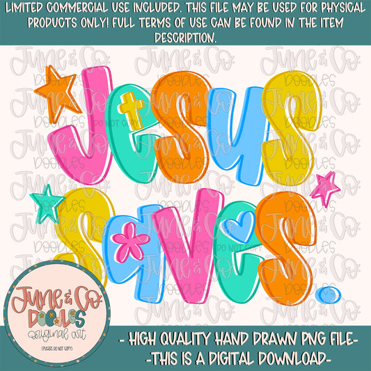 Colorful text 'Jesus Saves' with stars and hearts on a white background, featuring June & Co. branding.