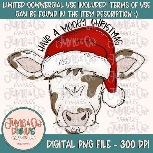 Mooey Christmas Boy PNG| Cow In Santa Hat Sublimation File| Boys Christmas Shirt Design| Hand Sketched Printable Art| Instant Download