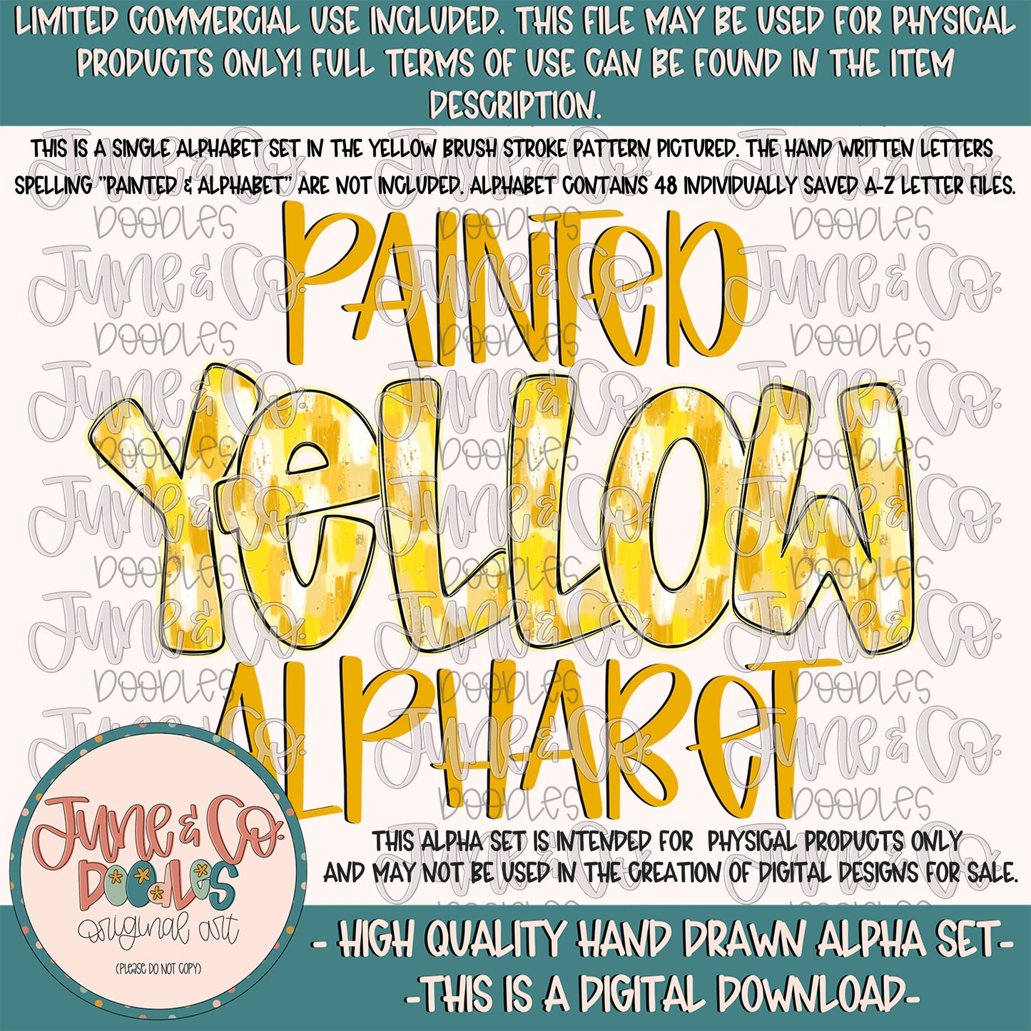 Painted Yellow Alphabet Set- PNG| Yellow Brush Stroke Doodle Alpha| Individually Saved Letters| A-Z Doodle Letters PNG| Digital Download