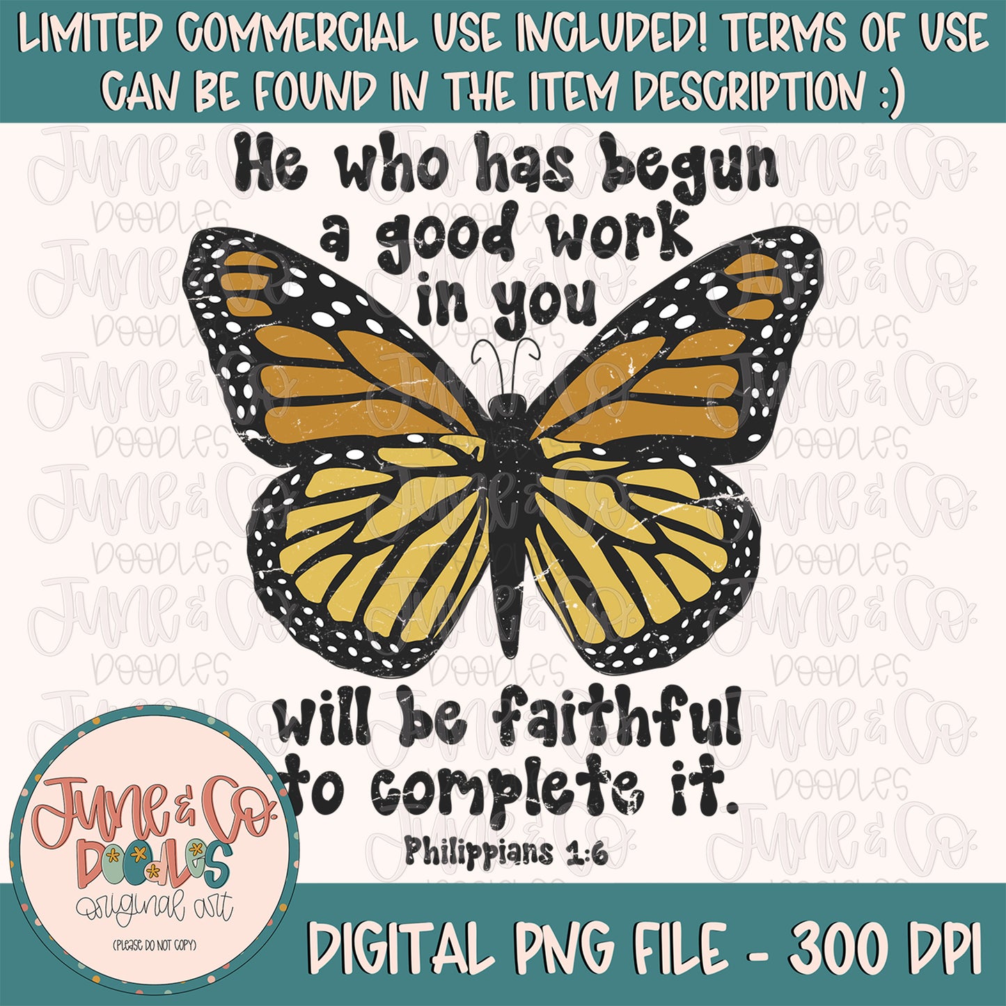 Philippians 1:6 Butterfly PNG| Distressed Butterfly Sublimation File| Christian Shirt Design| Bible Verse Printable Art| Instant Download