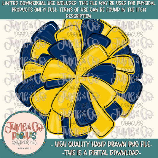 Navy Blue & Yellow Gold Pom Pom PNG| Cheerleading Sublimation File| Team Spirit Shirt Design| Hand Drawn Printable Art| Digital Download
