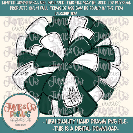 Forest Green & White Pom Pom PNG| Cheerleading Sublimation File| Team Spirit Shirt Design| Hand Drawn Printable Art| Digital Download