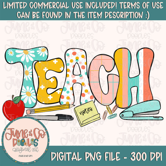 Retro Colorful Teach PNG| Back to School Sublimation File| Hand Lettered Educator Shirt Design| Teaching Printable Art| Instant Download