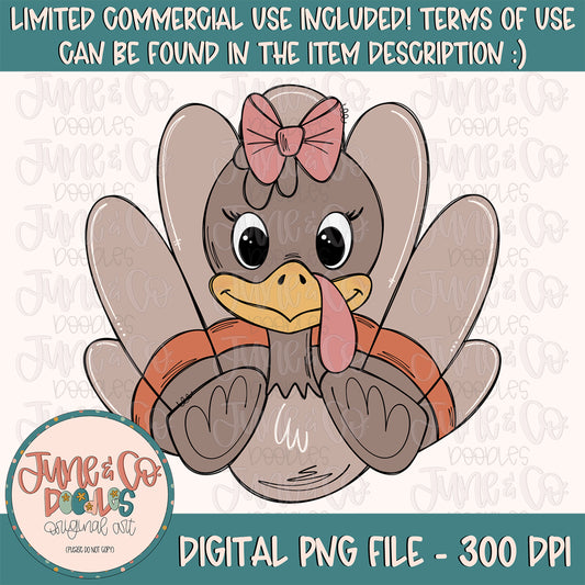 Girl Turkey PNG| Cute Turkey In Bow Sublimation File| Girls Thanksgiving Shirt Design| Hand Drawn Printable Art| Instant Download