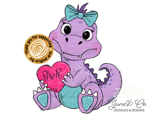 Valentine's Dino Girl PNG| Dinosaur Doodle Sublimation File| Valentine's Day Shirt Design| Hand Sketched Printable Art| Instant Download