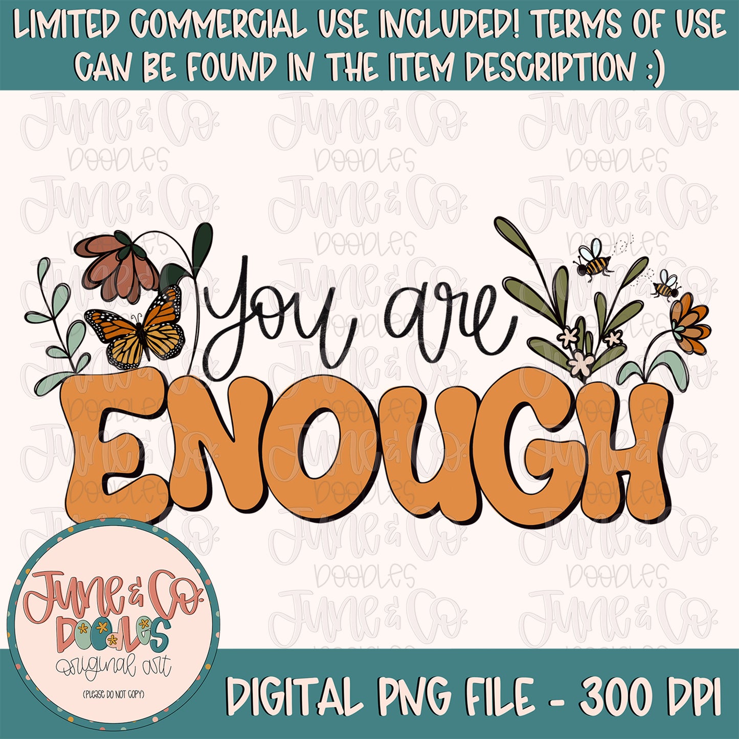 You Are Enough PNG| Inspirational Sublimation File| Self Love Shirt Design| Retro Floral Printable Art| Hand Lettering| Instant Download