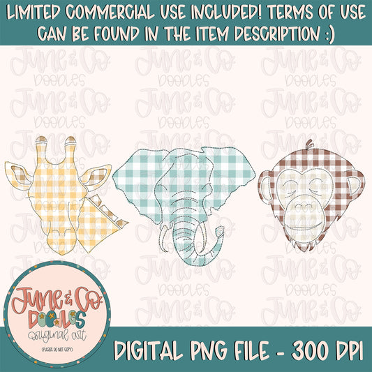 Faux Applique Zoo Animal Trio PNG| Kids Zoo Trip Shirt Design| Plaid Zoo Animal Printable Art| Hand Drawn| Instant Download