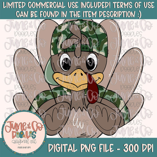 Boy Camo Turkey PNG| Cool Turkey In Hat Sublimation File| Boys Thanksgiving Shirt Design| Hand Drawn Printable Art| Instant Download