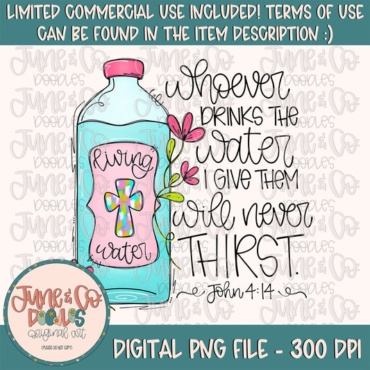 Never Thirst Bottle PNG| John 4:14 Verse Sublimation File| Trendy Faith Shirt Design| Hand Lettered Printable Art| Instant Download