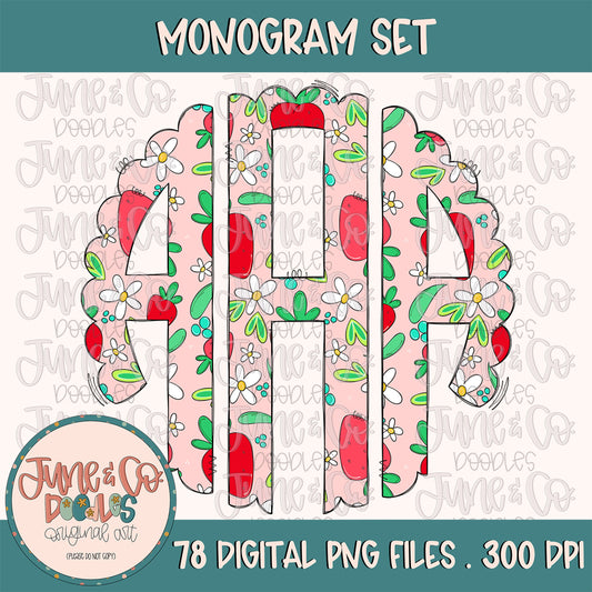 Strawberry Scalloped Monogram Set| Full Alphabet Monogram Bundle| Monogram Doodle Letters| Hand Lettered Printable Art| Instant Download