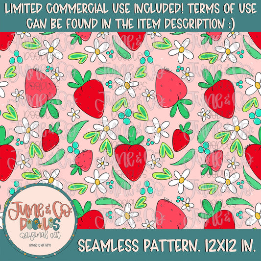Floral Strawberry Seamless Pattern| Girly Fruit Digital Paper| Summer Seasonal Sublimation File| Hand Drawn Printable Art| Instant Download