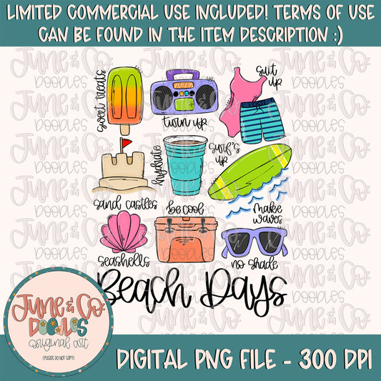 Beach Days PNG| Beach Things Sublimation File| Summer Time Doodles| Beach Fun Shirt Design| Hand Lettered Printable Art| Instant Download