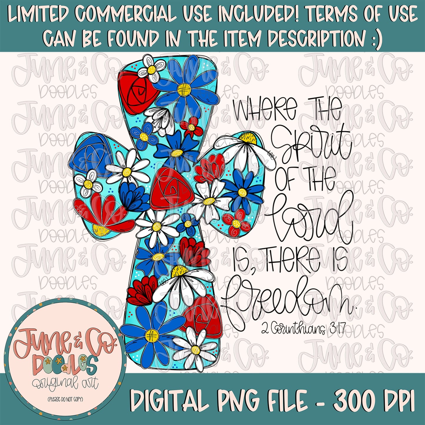 Floral Freedom Cross PNG| Girly Patriotic Sublimation File| Christian Bible Verse Shirt Design| Hand Lettered Printable Art|Instant Download