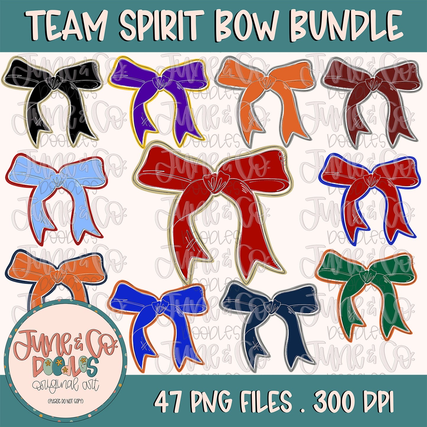 Team Spirit Bow PNG Bundle| Coquette Team Colors Sublimation File| Girly Sports Shirt Design| Hand Sketched Printable Art| Instant Download