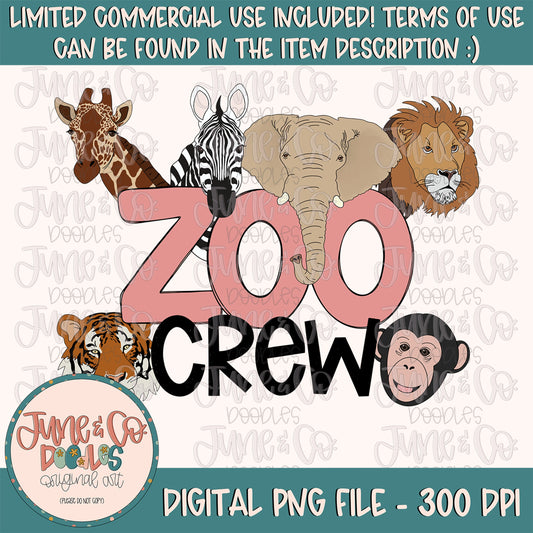 Zoo Crew Girl PNG| Zoo Animals Sublimation File| Kids Zoo Shirt Design| Hand Drawn Digital Art| Printable Art For Summer| Instant Download