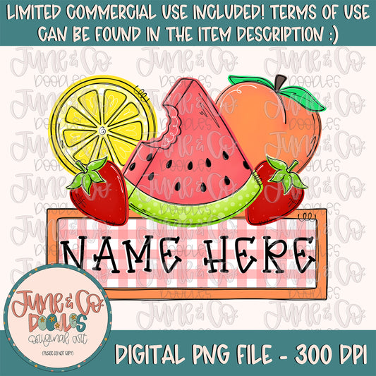 Summer Fruit With Name Plate PNG| Girls Summer Time Sublimation File| Fruit Doodles Shirt Design| Printable Art| Instant Download