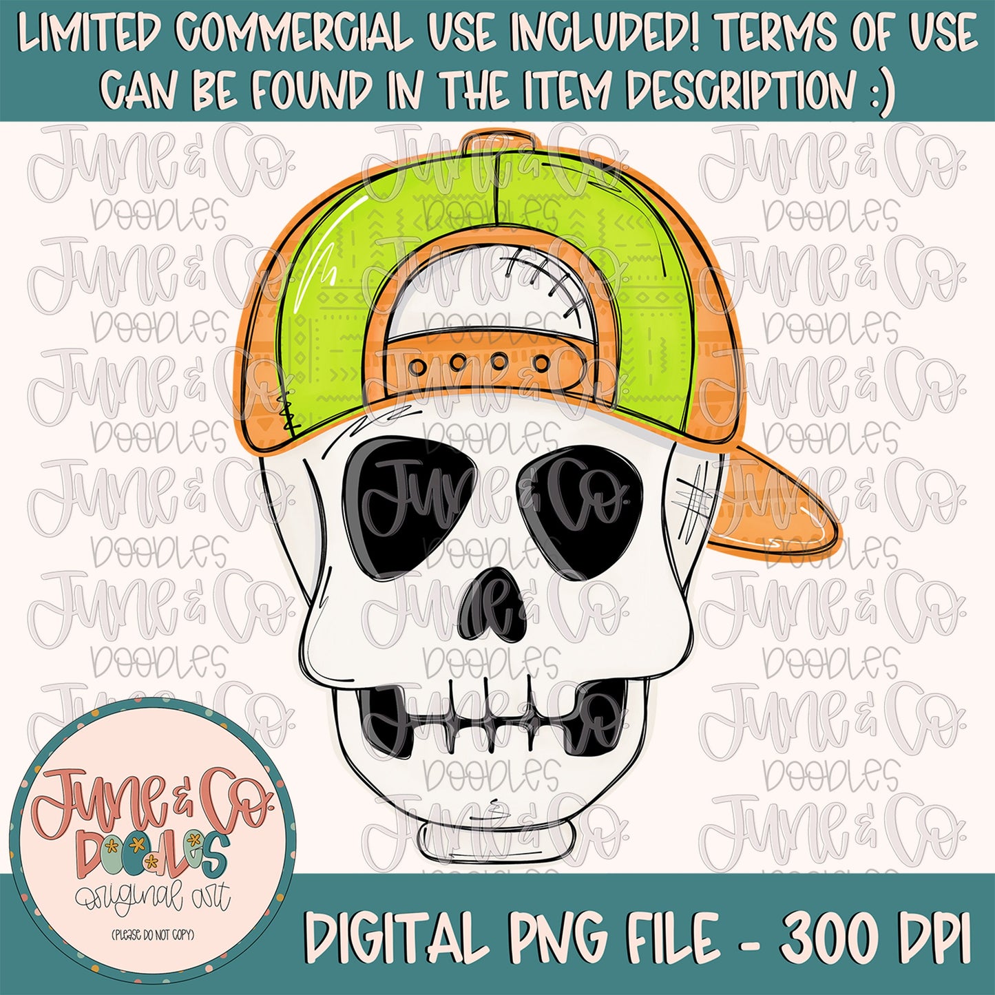 Cool Skeleton PNG| Skull in Backwards Hat Sublimation File| Boys Halloween Shirt Design| Hand Drawn Printable Art| Instant Download