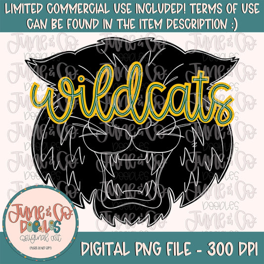 Wildcats Silhouette Green & Gold PNG| Wildcats Mascot Sublimation File| Game Day Shirt Design| Hand Lettered Printable Art| Instant Download