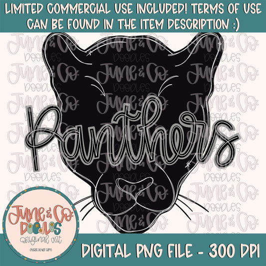 Panthers Mascot Black Gray PNG| Custom Mascot Sublimation File| School Pride Shirt Design| Hand Lettered Printable Art| Instant Download