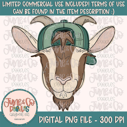 Boy Goat PNG| Cool Goat In Backwards Hat Sublimation File| Boys Farm Animal Shirt Design| Hand Drawn Printable Art| Instant Download