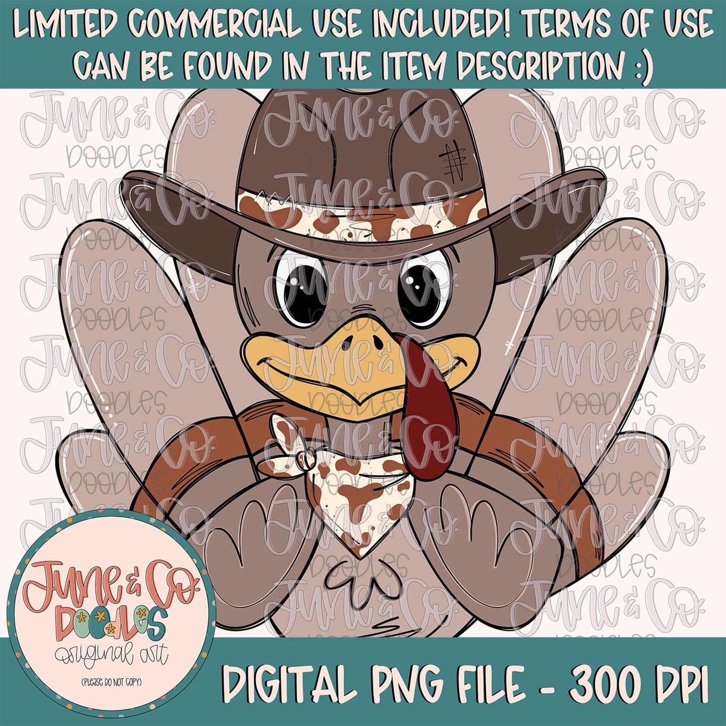 Cowboy Turkey PNG| Western Turkey With Hat Sublimation File| Country Thanksgiving Shirt Design| Hand Drawn Printable Art| Digital Download