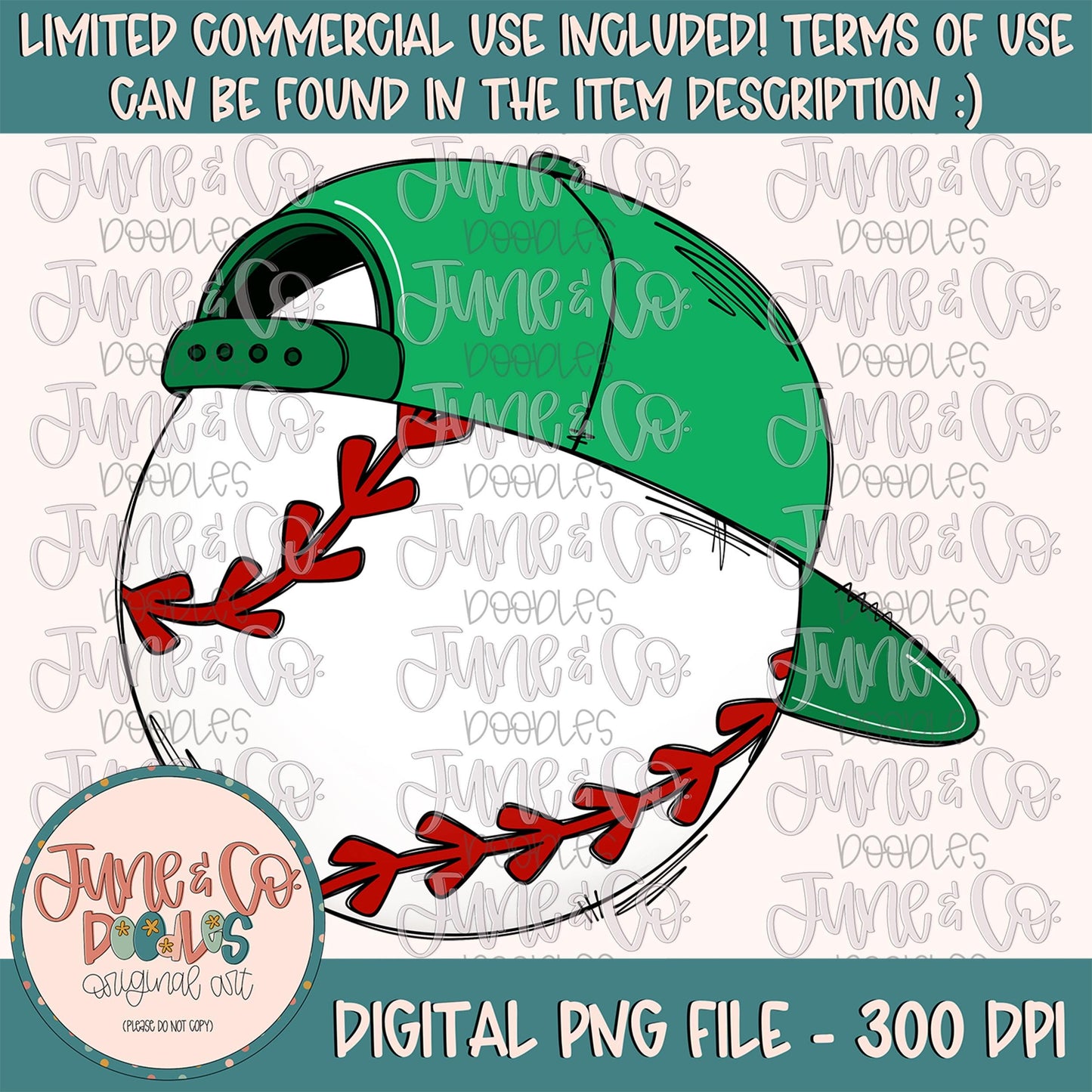 Cool Baseball- Green Hat PNG| Baseball With Hat Sublimation File| Boys Baseball Shirt Design| Hand Sketched Printable Art| Instant Download