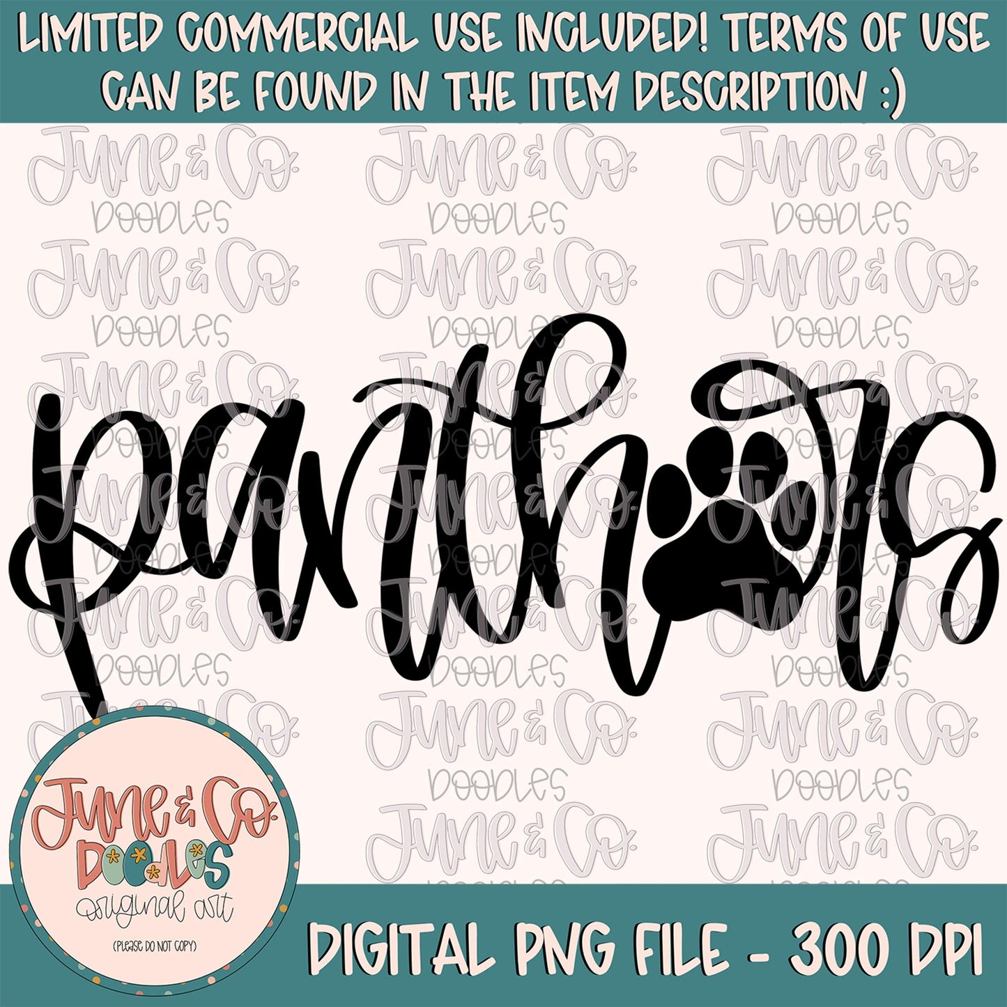 Panthers Mascot Lettering With Pawprint PNG| Team Spirit Sublimation File| Sports Team SVG| Hand Lettered Printable Art| Instant Download