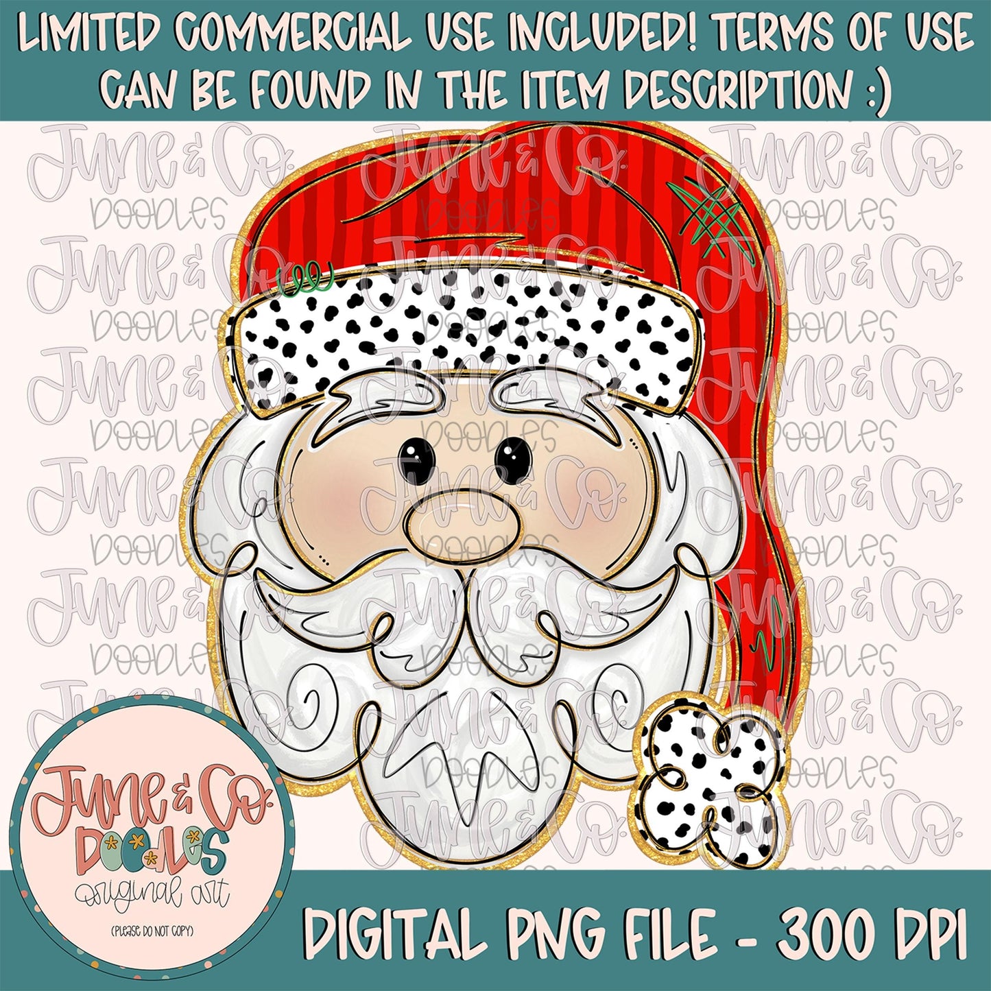 Whimsical Santa PNG-Red| Girly Santa Sublimation File| Gold Glitter Santa| Christmas Holiday Shirt Design| Hand Drawn Art| Digital Download