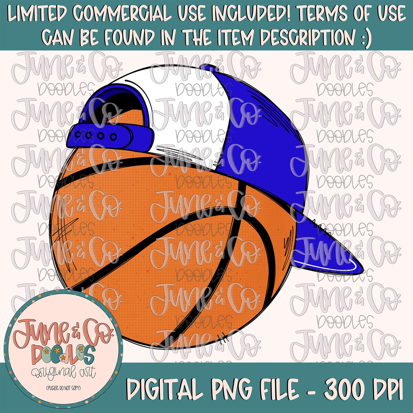 Cool Basketball Royal Blue & White PNG| Basketball With Hat Sublimation File| Boys Bball Shirt Design| Hand Drawn Art| Instant Download