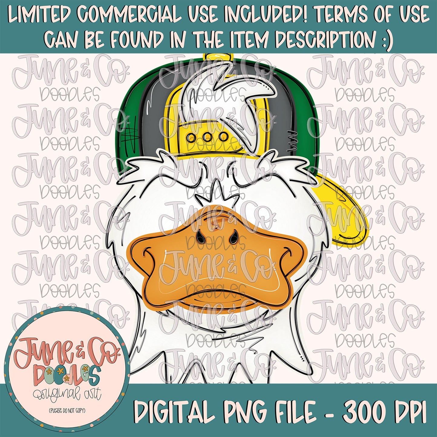 Cool Duck With Hat PNG| Duck Mascot Sublimation File| Backwards Ball Cap| Boys Game Day Shirt Design| Hand Drawn Art| Digital Download