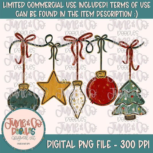 Hanging Ornaments PNG- Traditional Colors| Preppy Christmas Sublimation File| Glam Holiday Shirt Design| Hand Drawn Art| Digital Download