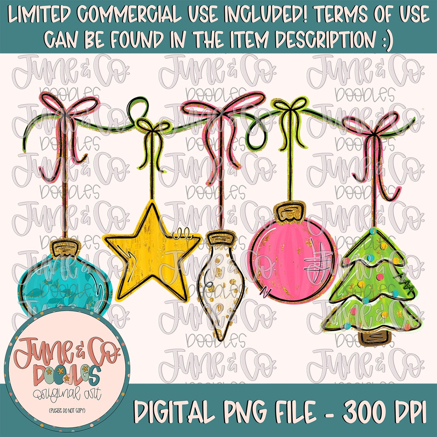 Hanging Ornaments PNG- Bright Colors| Preppy Christmas Sublimation File| Glam Holiday Shirt Design| Hand Drawn Art| Digital Download