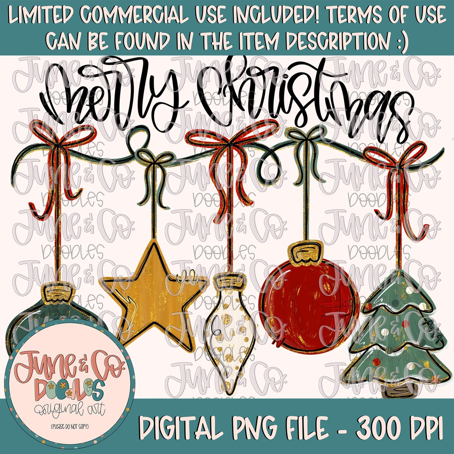 Merry Christmas Ornaments PNG- Traditional Colors| Preppy Christmas Sublimation File| Holiday Shirt Design| Hand Drawn Art| Digital Download