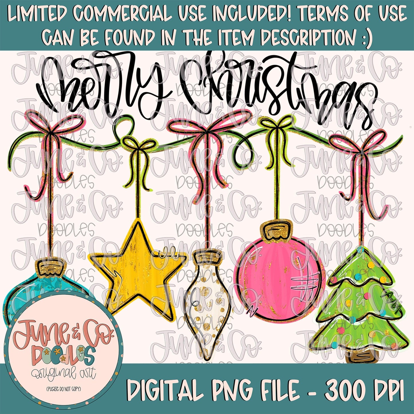 Merry Christmas Ornaments PNG- Bright Colors| Preppy Christmas Sublimation File| Glam Holiday Shirt Design| Hand Drawn Art| Digital Download