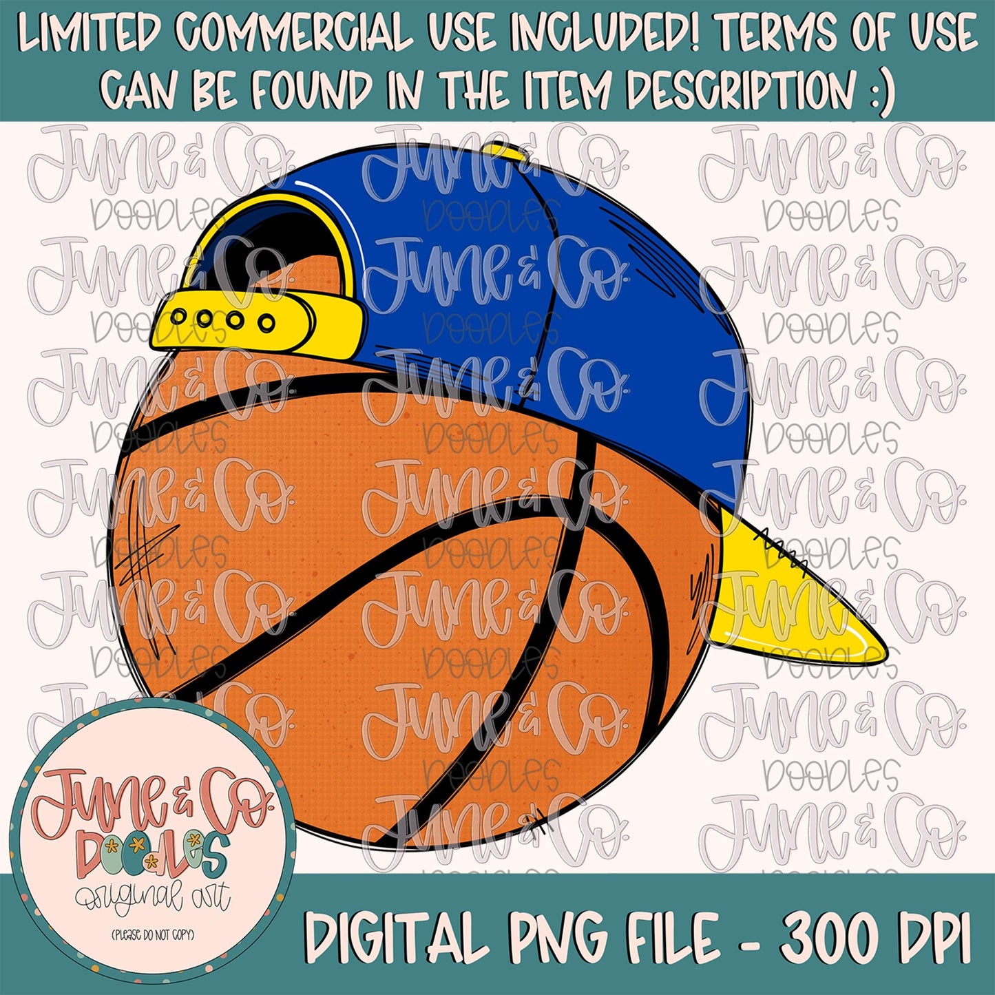 Cool Basketball Blue & Yellow PNG| Basketball With Hat Sublimation File| Boys Bball Shirt Design| Hand Drawn Printable Art| Instant Download