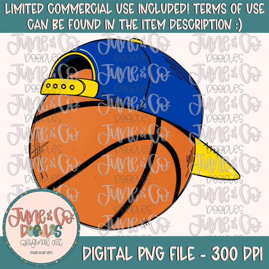 Cool Basketball Blue & Yellow PNG| Basketball With Hat Sublimation File| Boys Bball Shirt Design| Hand Drawn Printable Art| Instant Download